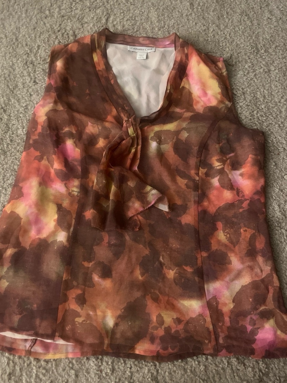 Coldwater Creek Brown Floral Tie-Neck Sleeveless Blouse